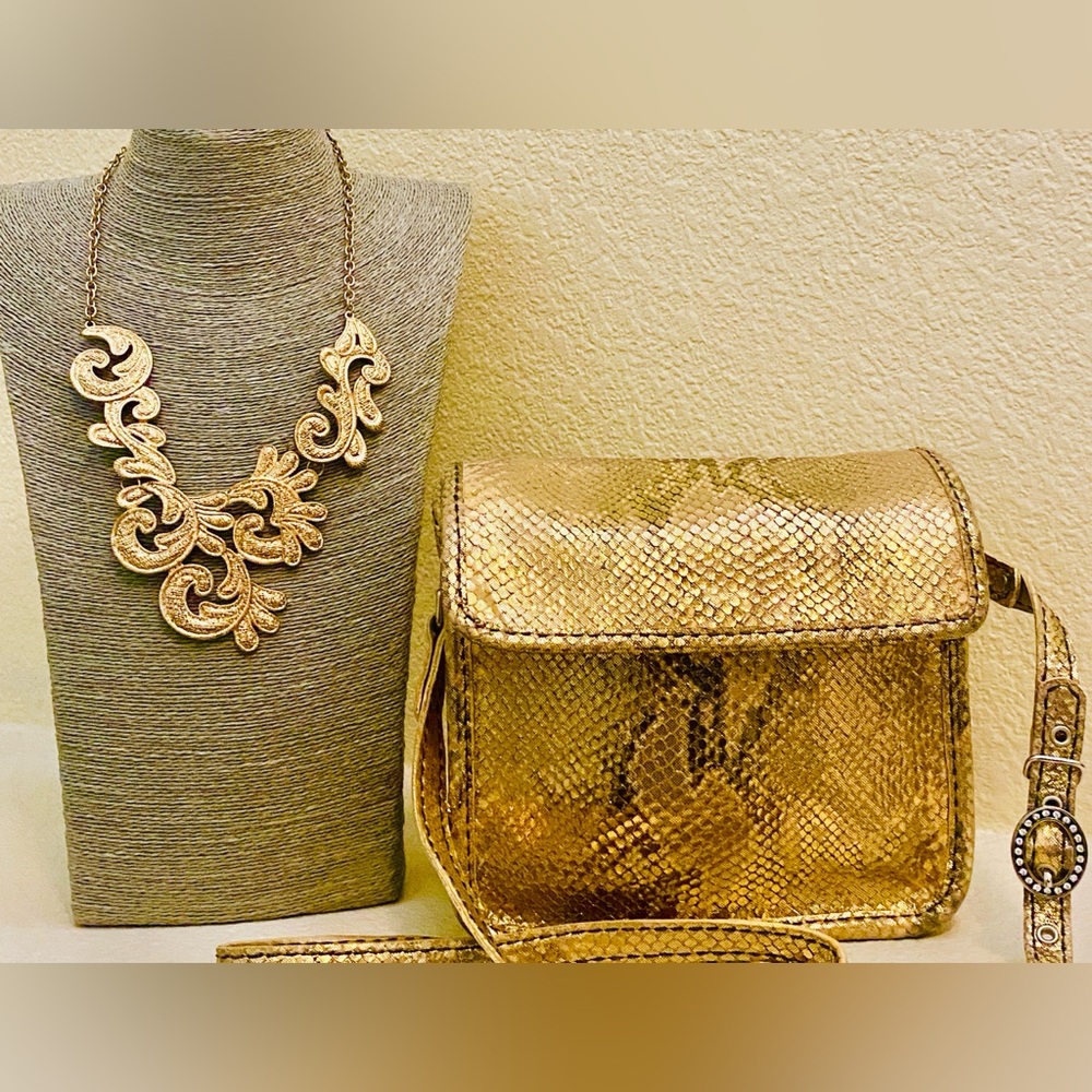 Gold  Genuine Natural LeatherCrossbody Bag with Statement Necklace